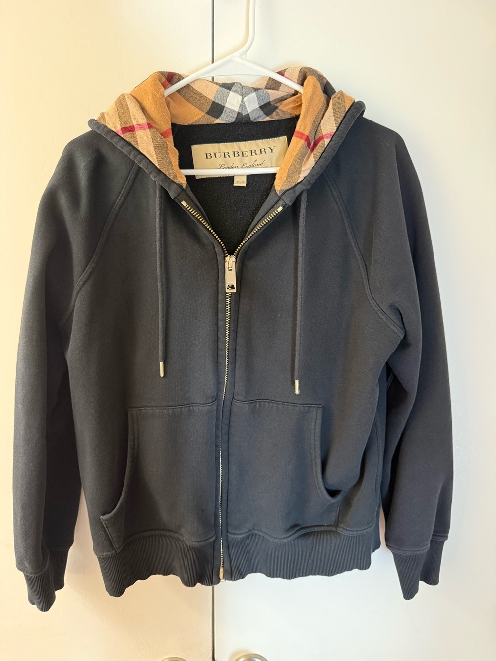 Burberry Kids Black Zip-Up Hoodie with Beige Check Lined Hood XL